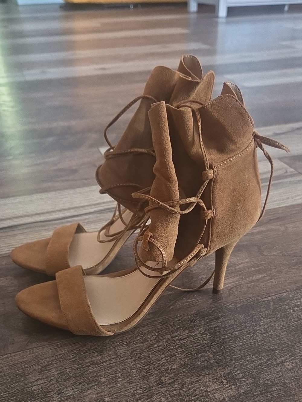 Jessica Simpson Tan Suede Lace-Up Stiletto Sandals